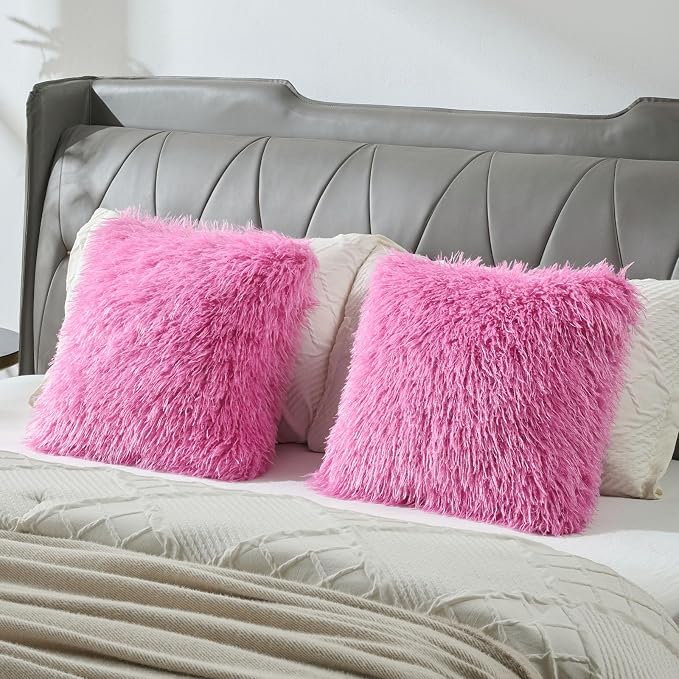 FUTEI Pack of 2 Shaggy Mongolian Faux Wool Throw Pillow Covers 18x18 Inch Soft Fluffy Farmhouse Decorative Cushion Case for Couch Bed Living Room, Hot Pink