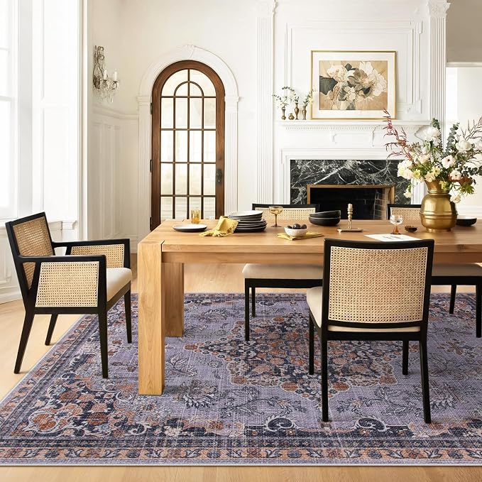 Lahome Oriental Area Rug for Bedroom, Washable 5x7 Purple Rug for Living Room Ultra-Thin Soft Boho Rug for Bedside, No Shedding Vintage Area Rug for Dining Room Office (Purple, 5'x7')