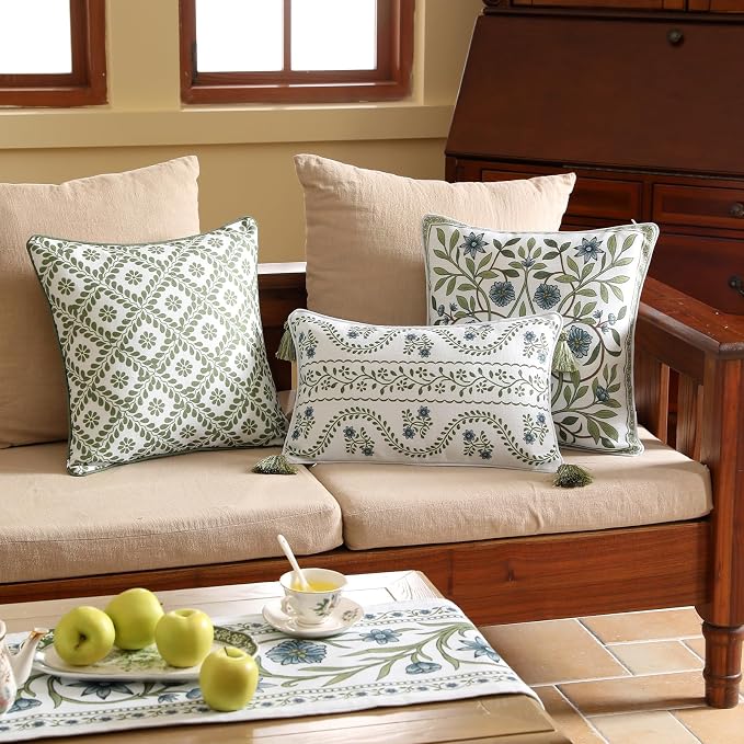 ISAENNE Designer Linen Throw Pillow Cover,Set of 2,20"x12"-Mosella D | French Elegant Rectangle Decor Pillow Cover,Concealed Zipper Design,Floral Pattern,Sofa,Bedroom,Living Room,Lounge Chairs