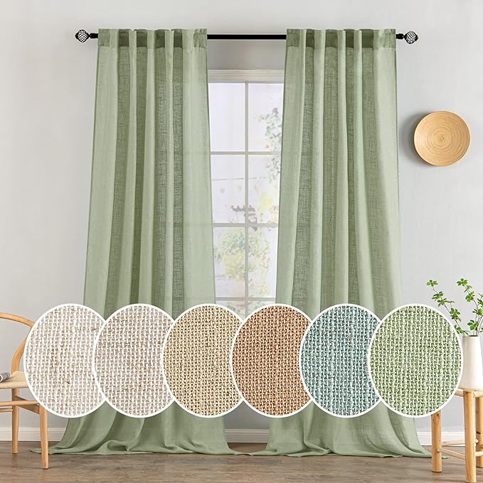 MIULEE Sage Green Linen Curtains 120 Inches Long for Bedroom Living Room, Soft Thick Linen Textured Window Drapes Semi Sheer Light Filtering Back Tab Rod Pocket Burlap Look Decor, 2 Panels 10 Ft