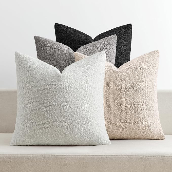 MIULEE Decorative Boucle Throw Pillow Covers 18x18 Black White Set of 4 | Textured Accent Pillow Cases Soft Couch Cushion Covers for Modern Farmhouse Boho Sofa Bed Livingroom Home Decor