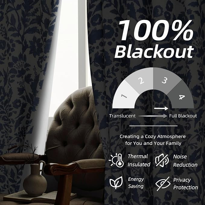 DriftAway Julia 100% Blackout Curtains Back Tab 2 Panels, W52xL96, Navy | Floral Curtains, Bedroom, Living Room, Linen Blend, Watercolor Pattern, 2 Layers, Thermal Insulated, Window Treatment
