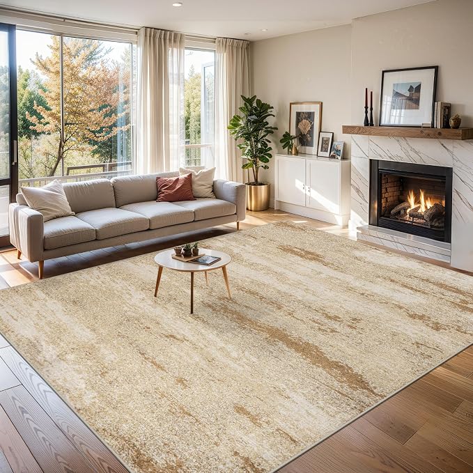 Area Rugs 10x12 Living Room - Washable Rug Modern Abstract Soft Large Neutral Non-Slip Carpet Indoor Floor Thin Carpets for Bedroom Dining Room Farmhouse Nursery Home Office Beige