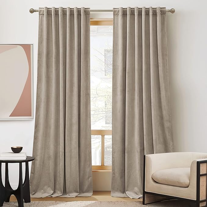 RYB HOME Camel Beige Velvet Curtains for Bedroom Living Room, Thermal Insulated Privacy UV Heat Blocking Luxurious Soft Rod Pocket Back Tab Drapes for Nursery, 52" W x 100" L, 2 Panels