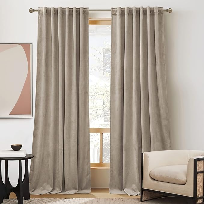 RYB HOME Camel Beige Velvet Curtains for Bedroom Living Room, Thermal Insulated Privacy UV Heat Blocking Luxurious Soft Rod Pocket Back Tab Drapes for Nursery, 52" W x 80" L, 2 Panels
