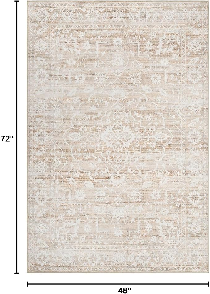 Soalmost Area Rugs 4x6 for Living Room, Washable Neutral Soft Rugs Beige | Floral Vintage Non-Slip Throw Carpet for Dining Room, Entryway, Kitchen, Farmhouse 4'x6'