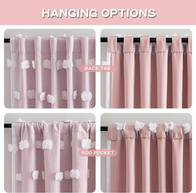 MYSKY HOME Pink Curtains for Living Room 95 Inches Long White Sheer Pom Pom Kids Room Decor Curtain Double Layer Drapes for Sliding Door Back Tab Window Panels, 52" x 95", Blush Pink, Set of 2