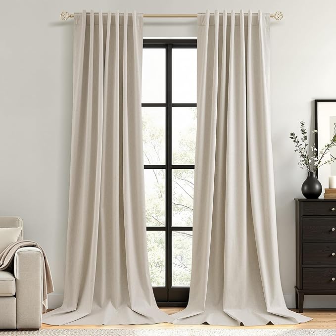 Guken Extra Long 100% Blackout Linen Curtains for Bedroom 120 inches Long, Thermal Insulated Room Darkening Black Out Drapes for Living Room, Back Tab Rod Pocket 2 Panels Set,Taupe Burlywood,52x120