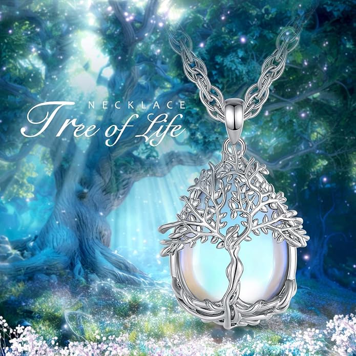 Vito Tree of Life Necklace for Women Men, Silver Plated Copper Teardrop Moonstone/Obsidian/Turquoise/Amethyst/Malachite Crystal Tree Necklace Protection Energy Amulet Jewelry Gift for Mom Wife, 20+2"