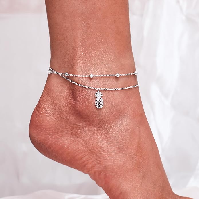CHIC & ARTSY 925 Sterling Silver Ankle Bracelets for Women, Adjustable Layered Foot Chains with Nature & Symbol Charms, Lightweight Comfort Fit Boho Beach Everyday Jewelry