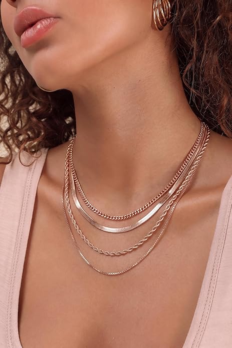 Tewiky Layered Necklaces for Women Non Tarnish- Chunky 14k Gold Plated Herringbone/Snake/Rope/Box/Cuban Link Chain for Women Waterproof Layering Stack Choker Necklace Trendy Dainty Tarnish Free Jewelry Set