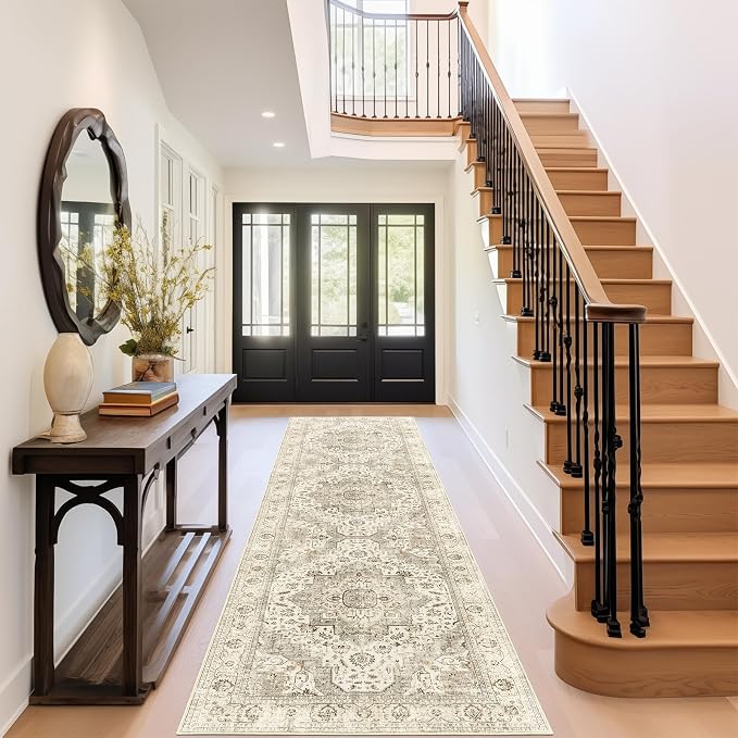 Washable 2.6x8 Hallway Runner Rug, Non Slip Kitchen Rugs Ivory/Beige | Low Pile rug, Stain Resistant, Distressed Rug Runners for Entryway, Living Room, Bedroom, Kitchen, Laundry