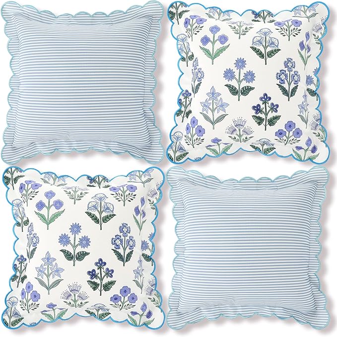 Breling Set of 4 Blue Green Scalloped Block Print Pillow Covers Blue Stripped Coastal Pillow Cover 18 x 18 Inch Vintage Floral Throw Cushion Cover for Summer Gift Couch Patio Bedroom Living Room Home