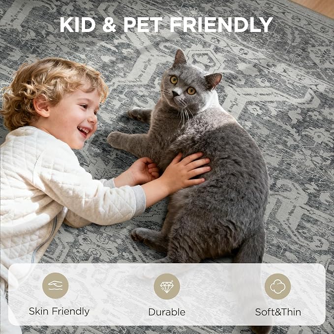 Joydeco 5x7 Area Rugs for Living Room, Non Slip Machine Washable Vintage Rug, Low Pile Thin Chenille Print Rugs for Bedroom, Dining Room, Pet & Child Friendly, Home Office, Light Gray&Dark Gray&White