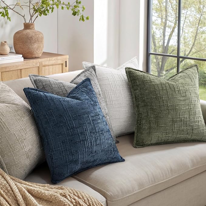 decorUhome Chenille Decorative Throw Pillow Covers 16x16 Set of 2,Olive | Soft Texture, Slubby Modern Design, Flange Edges, Cozy Accent Pillow Covers for Couch, Sofa, Bed, Living Room