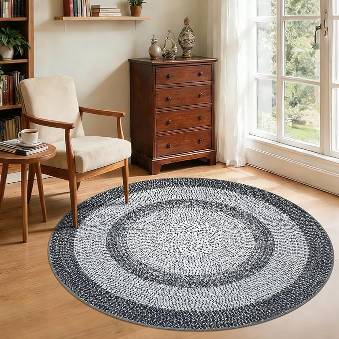Modern Bordered Round Area Rug 4ft Washable Bedroom Circle Rugs Non Slip Stain Resistant Dining Room Round Throw Carpet Contemporary Circle Mats for Living Room Kitchen Nursery, Grey