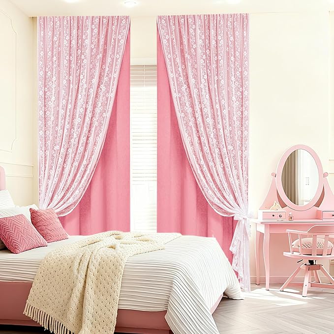 ASPMIZ Pink Curtains for Living Room Double Layer Curtains with Linen Lace, Linen Curtain for Girls Bedroom Farmhouse Window Curtain 84 inch Length 2 Panels, Rod Pocket Drapes with 2 Tiebacks, 52x84