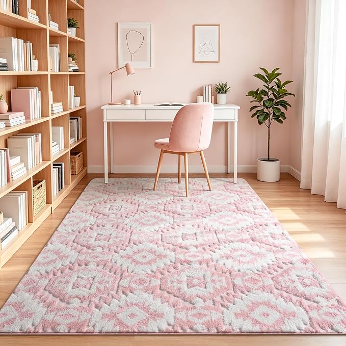 Macgace Soft Area Rug for Girls Bedroom, 3x5 Pink and White Shag Rugs | Washable Non-Slip Backing Medium Pile Modren Geometric Fuzzy Carpet for Kids Room, Classroom, Living Room, Dorm