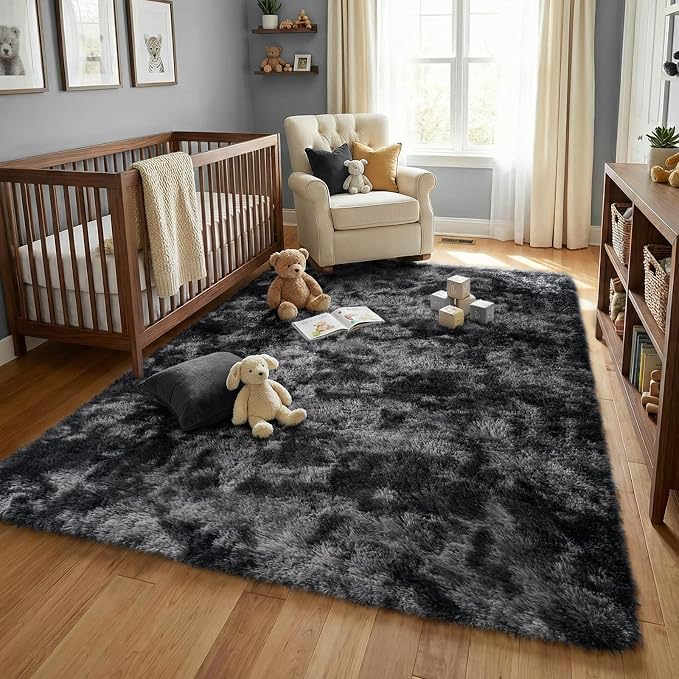 Fluffy 5x7 Area Rugs for Bedroom: Tie-dye Dark Grey Soft Shag Rug for Living Room, Large Fuzzy Plush Indoor Floor Carpet Non Slip Modern Rug for Nursery Boys Girls Kids Room Playroom Dorms Home Decor