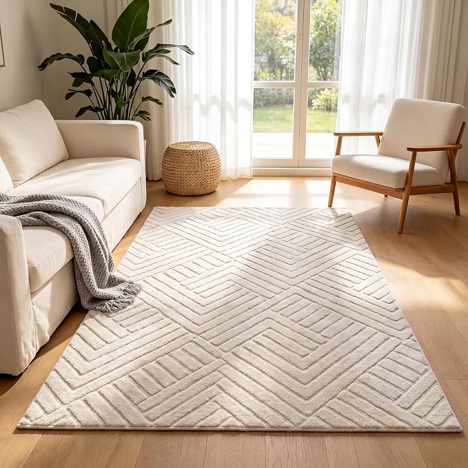 Bsmathom 5x7 Washable Area Rug, Boho Neutral Modern Soft Carpet Mat, Beige | Machine Washable, Low Pile Fluffy Plush, Non-slip, Geometric Textured, For Living Dining Kids Room Bedroom Indoor Dorm