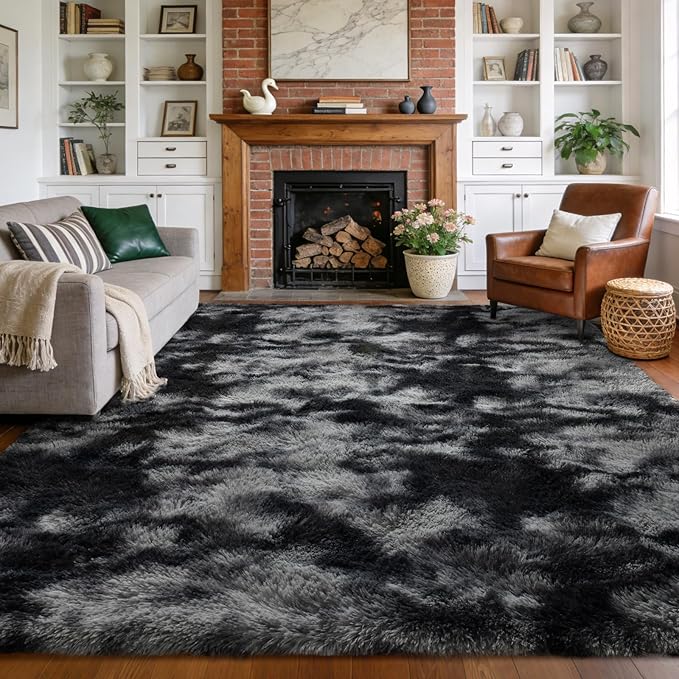 5x7 Area Rugs for Living Room Decor, Non-Slip Shaggy Tie-Dyed Rugs for Bedroom Kids Playroom Dorm Room, High Pile Ultra Soft Carpet, Dark Grey