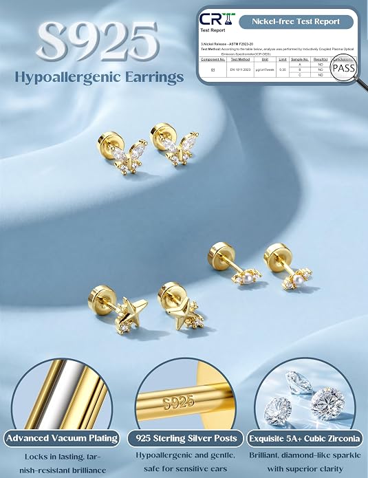ORAZIO 925 Sterling Silver Flat Back Stud Earrings for Women Hypoallergenic 14K Gold Plated Cartilage Earrings for Sensitive Ears Small CZ Opal Conch Helix Tragus Piercing Jewelry 3 Pairs 20G