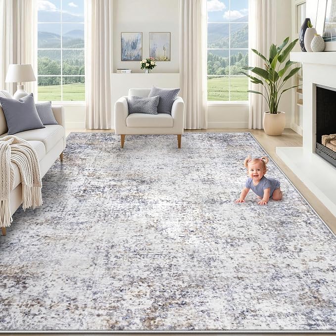 XLUEZ 8x10 Area Rugs for Living Room, Washable Modern Abstract Large Area Rug Neutral Soft Non Slip Kids Rug Stain Resistant Indoor Carpet for Bedroom Nursery Dining Room Playroom(Bluegrey, 8'x10')