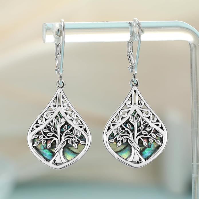Sterling Silver Abalone Shell Filigree Dangle Drop Earrings Bohemia Jewelry Gift for Women Mother Mom