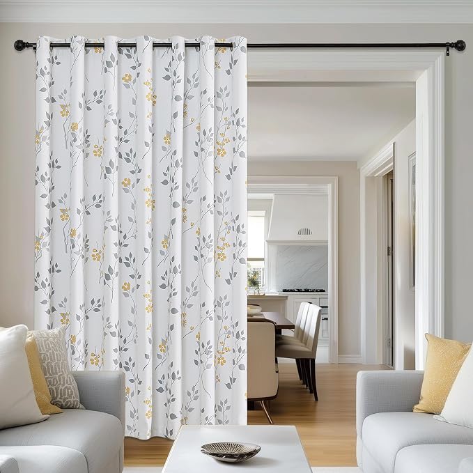 Beauoop Floral 100% Blackout Sliding Door Curtains Yellow Grey 100x84 1 Set | Flower Patterned Yellow White Room Darkening Patio Curtains Extra Wide Room Divider Drapes Thermal Window treatment Grommet