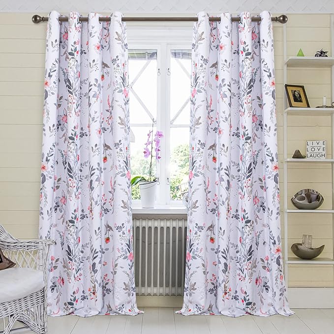 MYSKY HOME Floral Curtains Living Room Curtains 84 inch Length Room Darkening Curtains Energy Saving Thermal Insulated Window Curtain Grommet Top for Bedroom Dining Room, 2 Panels, Red and Gray