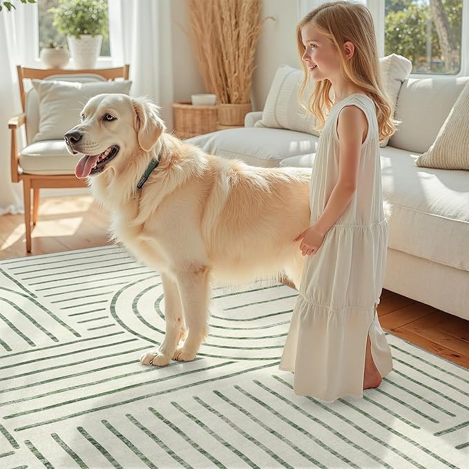 DCX Abstract Machine Washable 5x7 Rug, Sage Green Modern Accent Rug for Living Room, Soft Low Pile Non Slip Carpet, Kid & Pet Friendly Stain Resistant Rug for Bedroom Dining Room Office