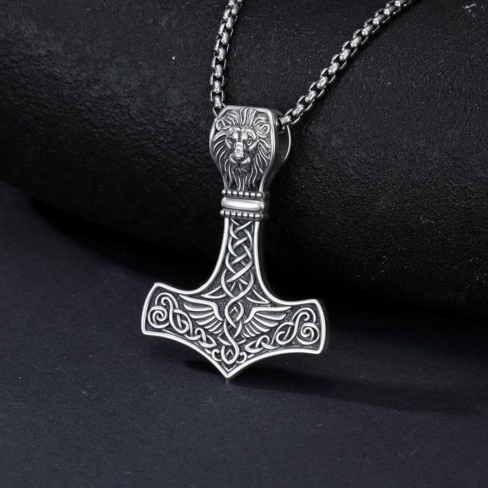 PROESS Thors Hammer Necklace Sterling Silver Celtic Knot Wolf/Lion/Raven Necklace Viking Mjolnir Pendant Jewelry for Men