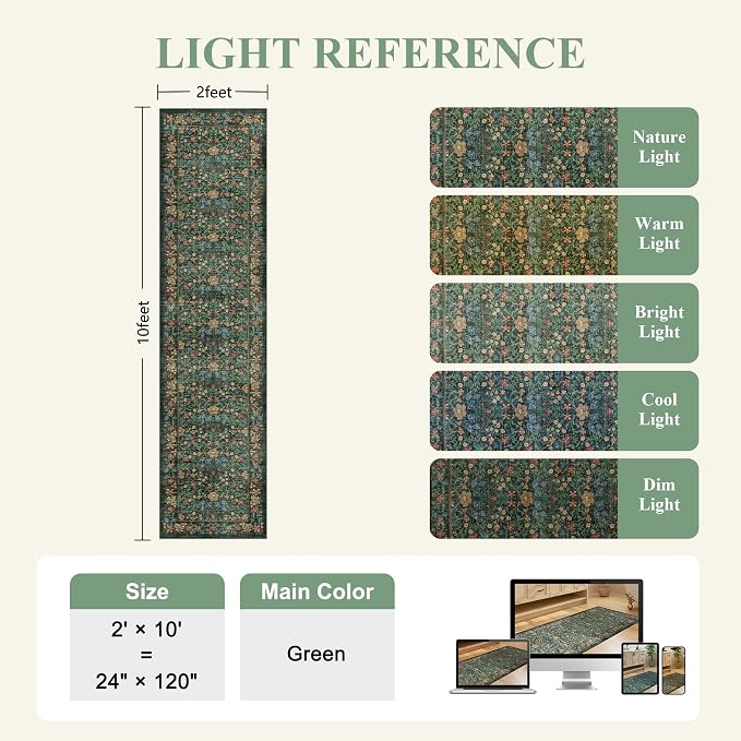 DUKINO 2x10 Runner Rug, Washable Vintage Floral Kitchen Rug, Green | Non Slip, Low Pile, Non-Shedding, Stain Resistant Soft Long Runner Carpet for Hallway, Bathroom, Bedroom, Entryway, Farmhouse