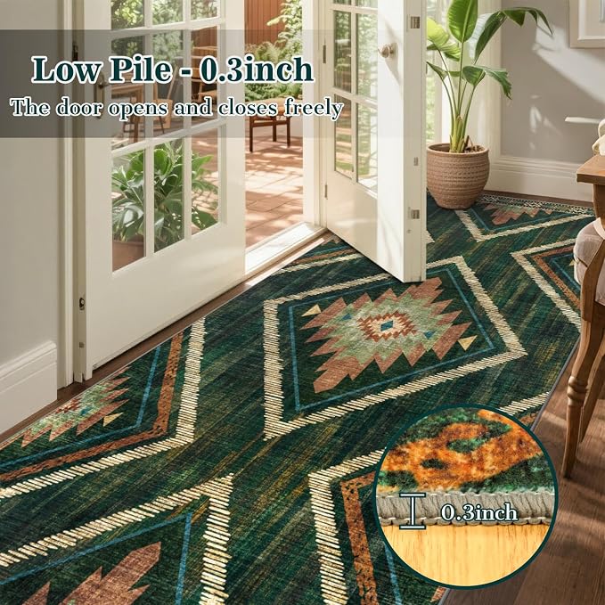 Boho 4x10Ft Area Rugs Runners for Hallway Non Slip, Green Geometric Washable Kitchen Rug Runner Non Shedding, Soft Moroccan Entryway Floor Carpets for Entrance Doorway Office Decor