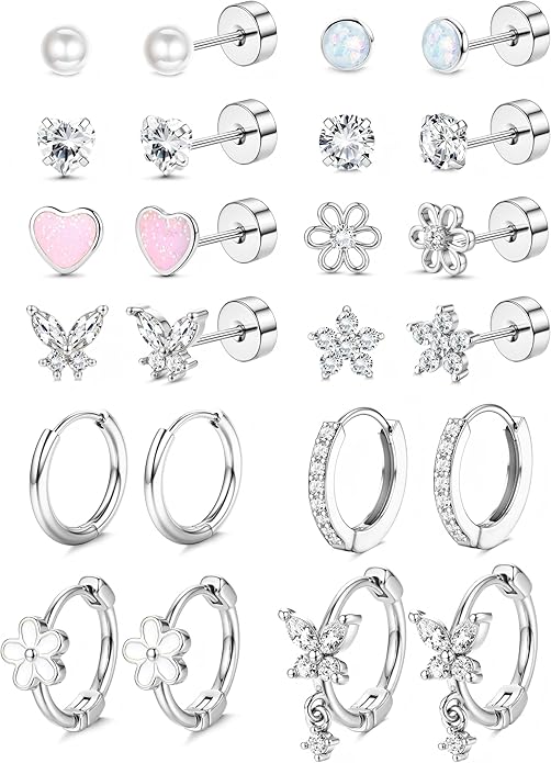 LOLIAS Hypoallergenic Flat Back Earrings for Women Girls-Cute Toddler Kids Teen Girls Earring Set-Surgical Steel Earrings for Sensitive Ears-14K Gold Plated Stainless Steel Flatback Studs Screw Back Small Hoop Cartilage Earring Stacks