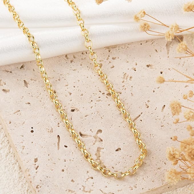 GTVOODX 18K Gold Stainless Steel Chains Bulk 16.4Feet Unfinished Rolo Link Cable Chain Roll for DIY Jewelry Bracelet Necklace Making with Lobster Clasps Jump Rings