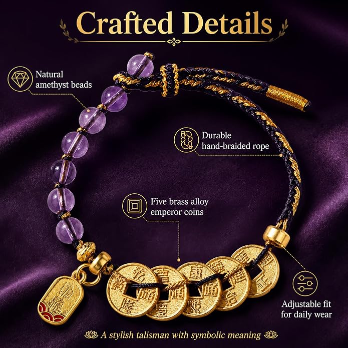Feng Shui Bracelet with Five Emperor Coins, Beads Amulet for Wealth & Good Luck, Spiritual Protection Jewelry, Adjustable Ha
