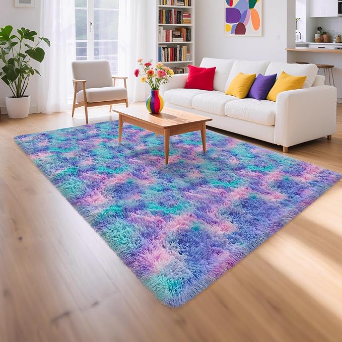 Purple Rainbow Rug 5x8ft Fluffy Plush Area Rugs for Girls Bedroom, Shaggy Rugs for Kids Playroom, Kawaii Princess Fuzzy Rugs for Nursery Baby Toddler, Cute Colorful Room Decor for Girls Room