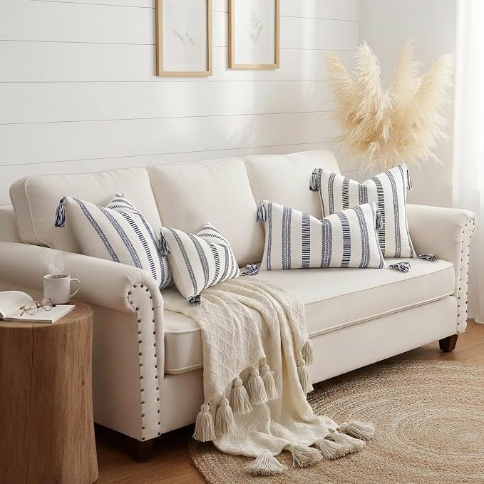 Smile Bee Spring Boho Outdoor Throw Pillow Covers Set of 2, Decorative Woven Striped Pillow Covers with Tassels for Couch Bed Sofa, 18x18 Inch, Navy Blue and Cream White | Woven Cozy Boho Decorative Modern Farmhouse Accent Pillow Cases With Tassels for...