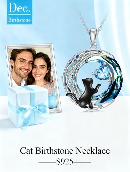 TOUPOP Cat Gifts for Cats Lovers 925 Sterling Silver Black Cat Necklace Celtic Moon Birthstone Jewelry for Women Anniversary Birthday Gift for Her Wife Mom