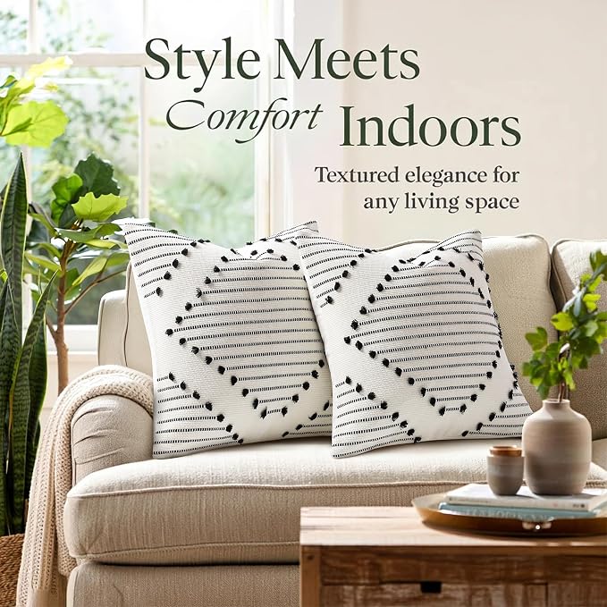 Mecatny Boho Summer Outdoor Throw Pillow Covers 20X20 Set of 2, Farmhouse Decorative Pillow Covers for Couch Sofa Living Room, Black & Cream White