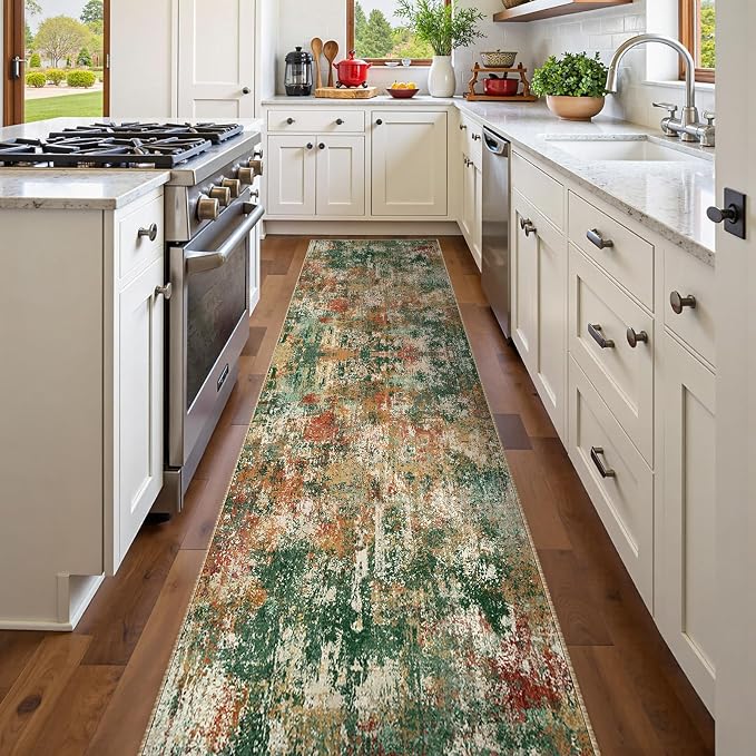 RELEANY Washable Area Rugs 2'x10' Non-Slip Modern Abstract Soft for Living Room Entryway Bedroom Kitchen, Print Pattern, Green Orange Rust Red Cream Colorful