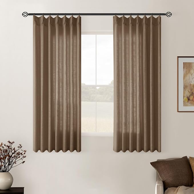 Dutch Cocoa Pinch Pleated Linen Semi Sheer Curtains 45 Inch Length 2 Panels | for Kitchen Small Bay Window Basement, Pinch Pleated with Hooks Rings Back Tab, Memory Shape, Thick Linen Semi Sheer, W40xL45