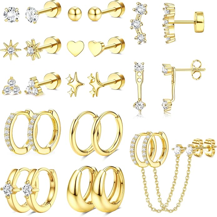 Florideco Flat Back Earrings Hypoallergenic Surgical Steel Earrings for Women Trendy Cartilage Chain Earring 14K Gold Plated Star Heart CZ Flatback Stud Earring Sets for Multiple Piercing