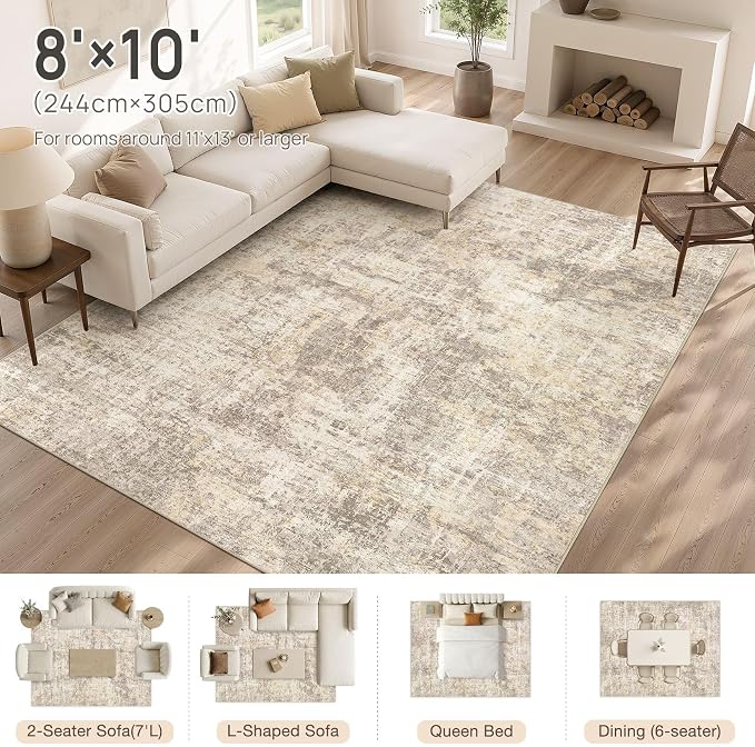cotiled Washable Area Rug 8x10, Non-Slip Soft Neutral Rug for Living Room | Modern Abstract Carpet, Stain Resistant and Kid & Pet Friendly, Ideal For Bedroom, Dining Room, Nursery, Home Office - Beige