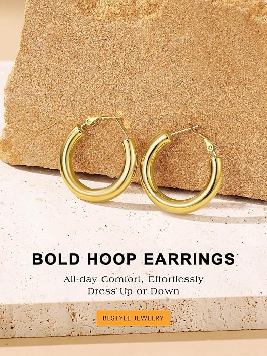 Bestyle 5mm Thick Gold Hoop Earrings Hypoallergenic Hoops for Sensitive Ears Trendy Lightweight Chunky Earrings for Women 30/40/60/80mm