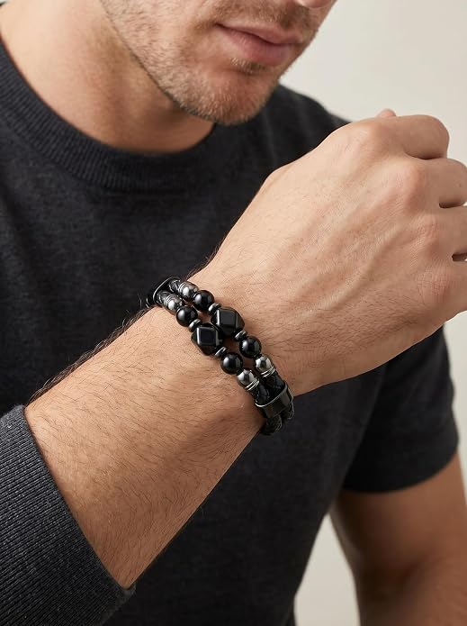 Black Braided Leather Bracelet for Men with Turquoise, Lapis Lazuli, Tiger Eye, Obsidian Stone Double-Row Wristband Beads with Stainless Steel Clasp Fashion Jewelry Gift for Him