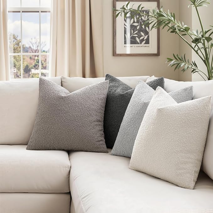 MIULEE Decorative Boucle Throw Pillow Covers 20x20 Inch Grey Set of 4 | Neutral Textured Accent Pillow Cases Soft Couch Cushion Covers for Modern Farmhouse Boho Sofa Bed Livingroom Home Decor