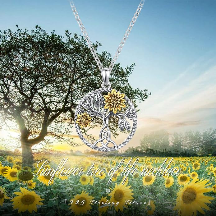 CHENGHONG Sunflower Necklace 925 Sterling Silver Tree of Life Necklace Daisy/Rose/Sunflower Pendant Necklace Sunflower Jewelry Gifts for Women Mom