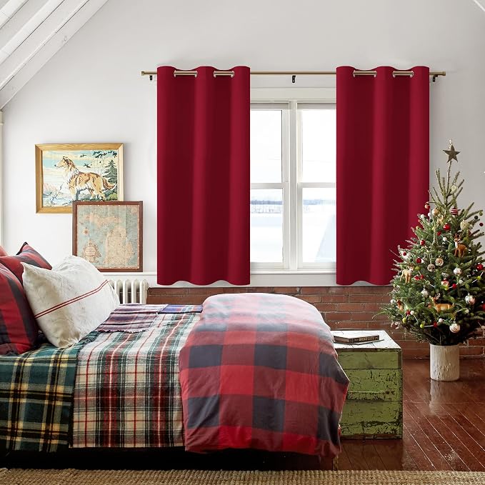 Hiasan Blackout Curtains for Bedroom - Thermal Insulated & Light Blocking Window Curtains for Living Room, 2 Drape Panels Sewn with Tiebacks, Christmas Red, 38 x 54 Inch